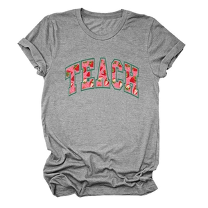 Detail of grey strawberry TEACH letter print on cotton blend round neck t-shirt