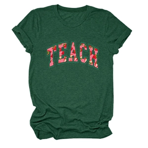 Detailed view of Teach letter print with strawberry pattern on dark green cotton T-shirt
