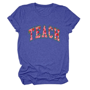 Detail of TEACH letter print with strawberry pattern on navy blue short sleeve t-shirt