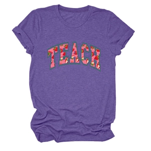 Detail of TEACH strawberry graphic print on purple heather cotton blend t-shirt