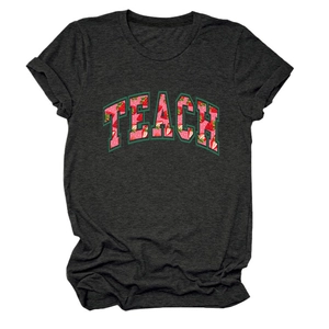 Women charcoal grey T-shirt featuring a TEACH graphic with red strawberry pattern fill