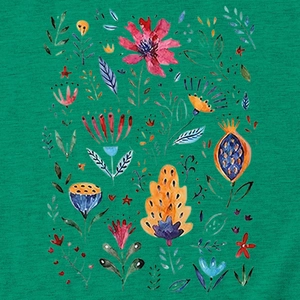 Close-up of vibrant floral watercolor print on green soft fabric for summer t-shirt