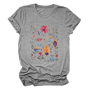 Close-up of artistic floral print on heather grey round neck short sleeve T-shirt