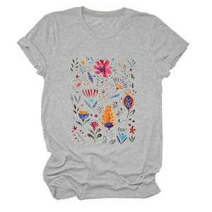 Detail of artistic floral print on grey cotton short sleeve T-shirt for women