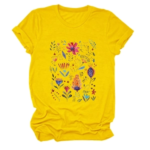 Detail view of the colorful floral print on the yellow round neck short sleeve T-shirt