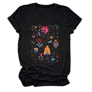 Detail of colorful floral print and rolled cuff on black cotton crewneck T-shirt