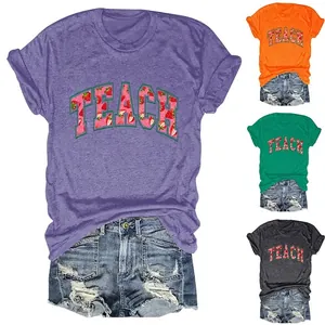 Teach Strawberry Letter Print Women Round Neck Short Sleeve T-Shirt Cotton Blend Loose Casual Summer Tee Varsity Top