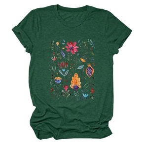 Close-up of floral watercolor print on dark green short sleeve cotton t-shirt for women