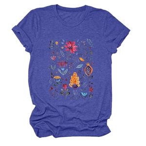 Close-up of floral print on dark blue short sleeve T-shirt with crew neck and grey texture