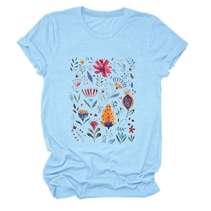 Light blue crew neck T-shirt with vibrant floral print pattern and short sleeves