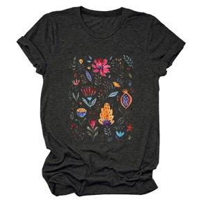 Detailed view of dark grey T-shirt with vibrant watercolor floral and leaf print