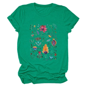 Detailed view of hand-painted floral watercolor print on emerald green cotton t-shirt