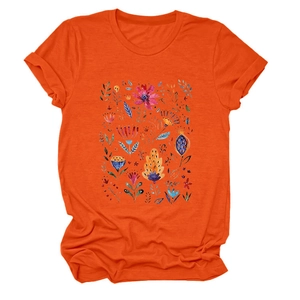 Detail showing hand-painted floral print on an orange cotton crewneck t-shirt