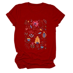 Detail of colorful floral illustration printed on soft burgundy round neck T-shirt