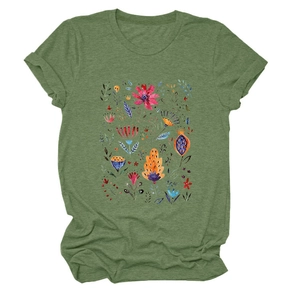 Detail of floral print on olive green short sleeve T-shirt with vintage botanic patterns
