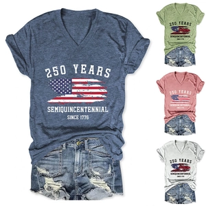 Detail of V-neck T-shirt in blue, green, red and white with patriotic flag print