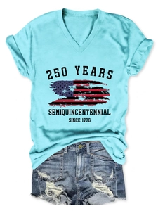 Detail of 250 Years Semiquincentennial print on aqua V-neck cotton t-shirt and denim shorts