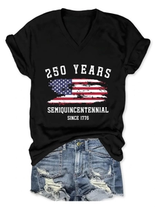 Detail of V-neck T-shirt with 250 Years Semiquincentennial print and denim shorts