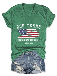 Green V-neck T-shirt with US flag print and blue distressed denim shorts set