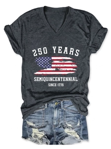 Detail of V-neck t-shirt with American flag print and 250 years semiquincentennial text