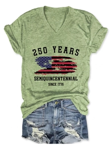 Detail of V-neck cotton tee with vintage 250 Years Semiquincentennial print and flag design