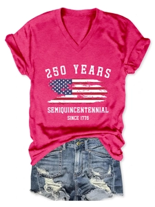 Detail of rose red V-neck T-shirt with 250 Years Semiquincentennial American flag print