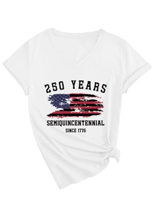 Detail of V-neck white cotton t-shirt with vintage American 250th anniversary graphic