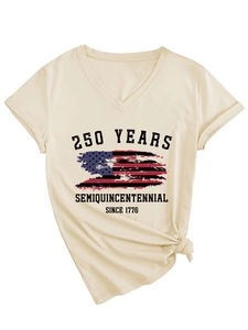 Detail of V-neck apricot cotton t-shirt with 250 years semiquincentennial flag print