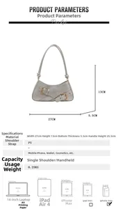 Detailed chart showing grey PU underarm bag dimensions 27x13x5.5cm and storage capacity