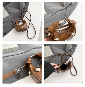 Detail shots of brown punk bag with silver studs, metal buckle, and zipper closure