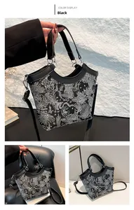 Detail of black silk embroidery bucket bag with intricate white floral jacquard patterns