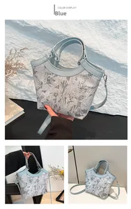 Detail of light blue silk embroidery bucket bag with intricate floral jacquard pattern