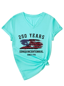 Detail of teal V-neck tee with 250 Years Semiquincentennial print and knotted hem