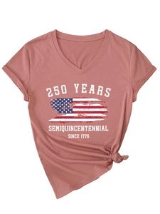 Detail of V-neck shirt featuring 250 Years Semiquincentennial print and American flag