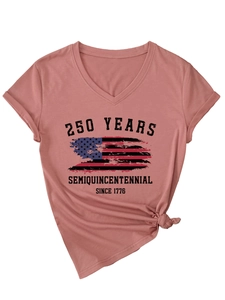 Detail of dusty pink V-neck T-shirt with 250 Years Semiquincentennial flag print