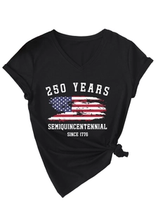 Macro shot of V-neck cotton T-shirt featuring American 250th anniversary graphic print