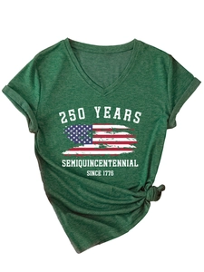 Detail of dark green V-neck T-shirt with 250 Years graphic and front knot detail