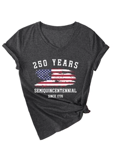 Detail of V-neck charcoal grey T-shirt with vintage American 250 years graphic and knotted hem