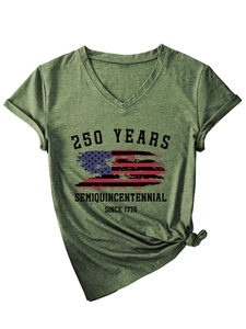 Detail of army green V-neck T-shirt with US flag print and side-knot hem detail