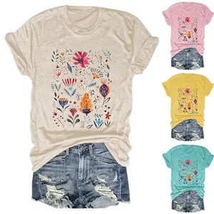 Women T-Shirt Floral Print Short Sleeve Round Neck Casual Botanical Watercolor Cotton Blend Commuting Top For Ladies