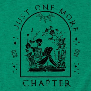 Close-up of skeleton reading print on teal knit T-shirt with Just One More Chapter text