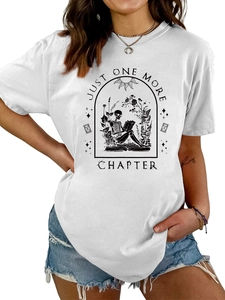 Detail of Just One More Chapter graphic print on white loose-fit crewneck cotton T-shirt