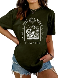 Detail of Just One More Chapter print with skeleton reading books on cotton t-shirt