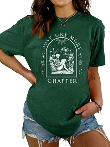 Detail of Just One More Chapter graphic print on a forest green cotton T-shirt for women
