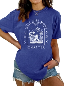 Detail of the navy blue cotton t-shirt with retro skeleton reading books graphic print