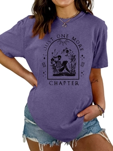 Detail of Just One More Chapter graphic print on purple crew neck cotton t-shirt