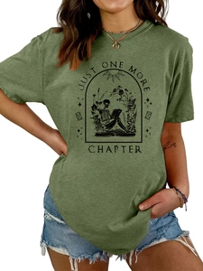 Detail of Just One More Chapter graphic print on olive green short sleeve t-shirt