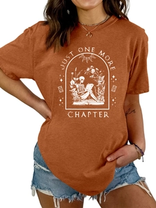 Detail of Just One More Chapter graphic print on vintage rust red cotton t-shirt
