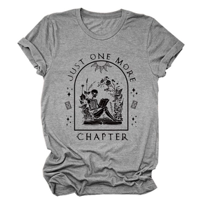 Detail of grey crewneck tee featuring a skeleton reading books in a vintage arch frame