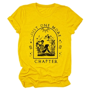 Detail of screen-printed gothic skeleton reading graphic on a yellow cotton t-shirt